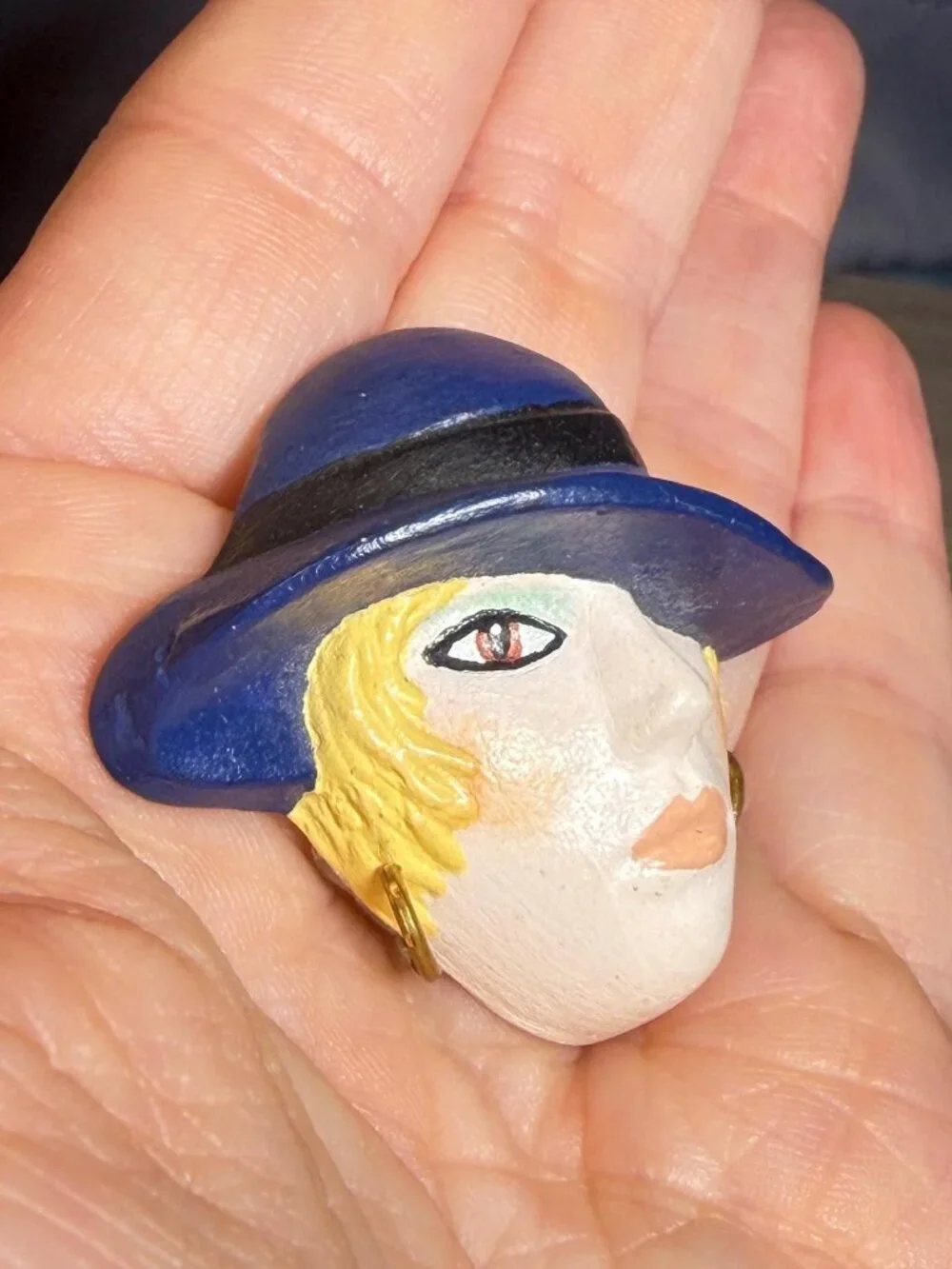 Vintage Handmade Lady Face Brooch Blue Hat Painted Art Brooch